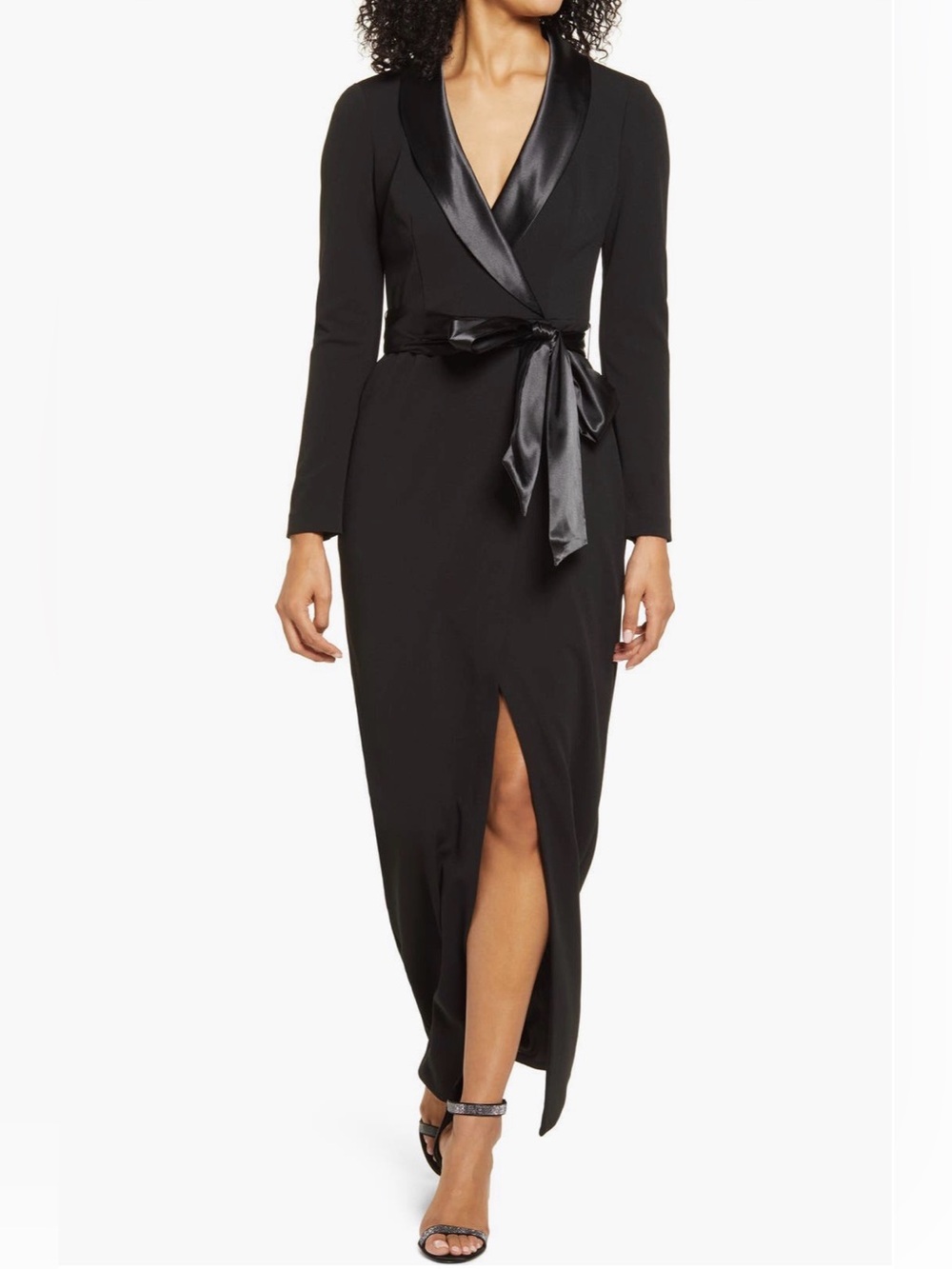 ELIZA Black Satin-Trim Wrap Maxi Dress with Front Slit